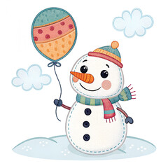 &ldquo;Snowman with balloon, fabric patch balloon texture, colorful stitching, adorable children&rsquo;s t-shirt design&rdquo;