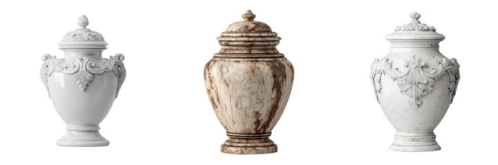 Set of Sleek contemporary white vase with smooth curves displayed against on transparent png background. Ai generated