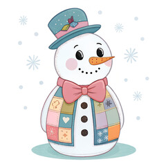 &ldquo;Snowman with patchwork vest and bow tie, stitched decorative buttons, cute pastel palette, kids apparel print&rdquo;
