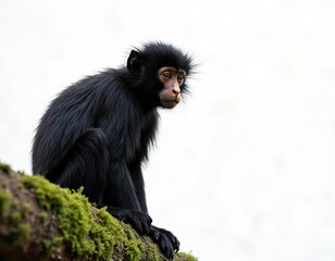 Obraz premium Muriqui monkey sits on mossy tree branch. Cute primate looks pensive, watches. Black fur covers animal body. White background makes contrast with dark woolly spider monkey in nature.
