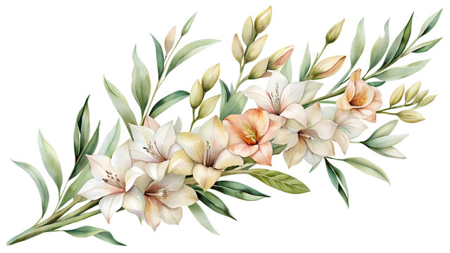 Elegant watercolor floral bouquet featuring delicate lightcolored lilies and lush green foliage, arranged beautifully and isolated on a pristine transparent background