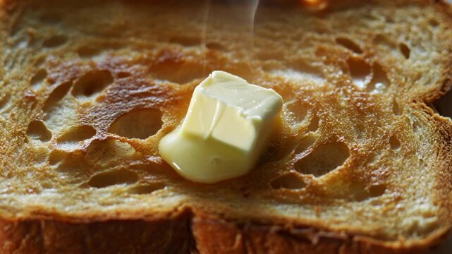 Extreme macro of hot toast as a butter cube lands and melts instantly, soaking into the porous golden surface. Tiny steam wisps rise while crisp crumbs sparkle, creating a warm delicious breakfast mom
