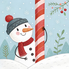 &ldquo;Snowman peeking from behind a candy cane pole, patchwork textures, fun stitched details, child-friendly illustration&rdquo;