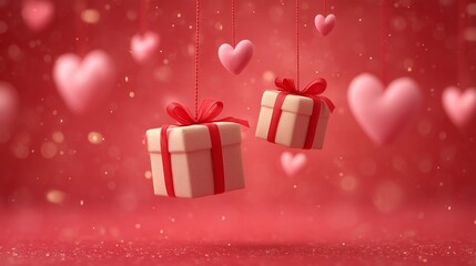 Fototapeta premium Two suspended gift boxes among the hearts. Red background, red ribbons and bows, golden particles, 3D rendering, horizontal composition. Theme: Valentine's Day.