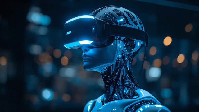 Close-up of a cyborg wearing a glowing blue virtual reality headset with detailed circuitry and bokeh background