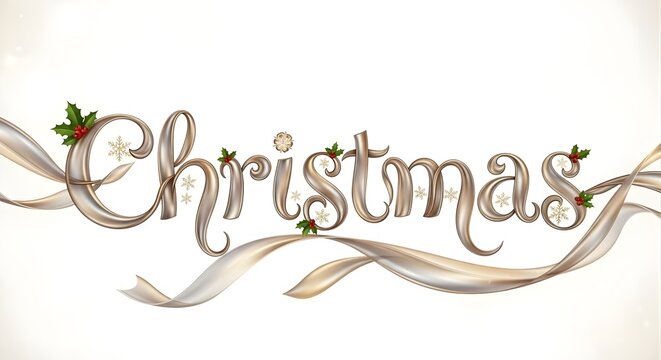 Ornate christmas lettering, ribbons, holly.
