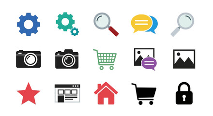 Collection of colorful web and mobile application icons for digital interface.