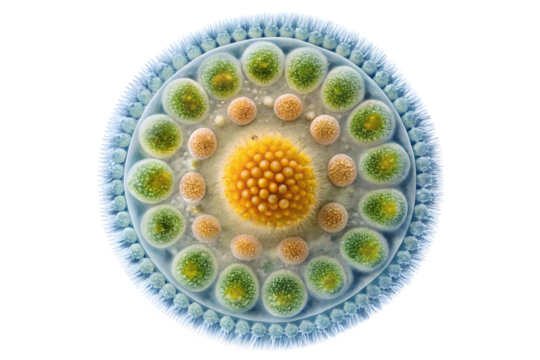 Microscopic view of a volvox colony, a spherical freshwater green algae with flagellated cells and daughter colonies inside, isolated on transparent background