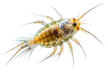 A detailed macro shot of a small freshwater or marine copepod, a type of zooplankton, showcasing its intricate body structure and appendages, isolated on transparent background