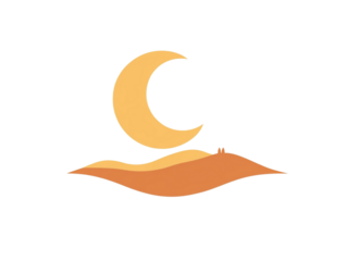 Stylized crescent moon over abstract orange landscape under night sky