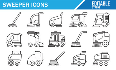 Sweeper machine outline icon set with editable stroke showing street cleaning vehicles, industrial road sweepers and sanitation equipment for urban service design