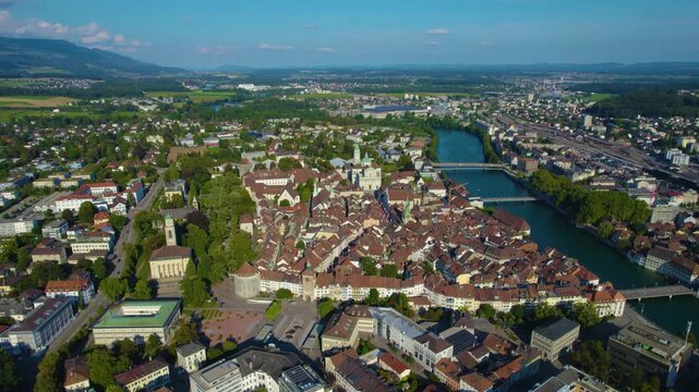 Aerial view of the city and old town Solothurn in Switzerland on a sunny afternoon in summer.