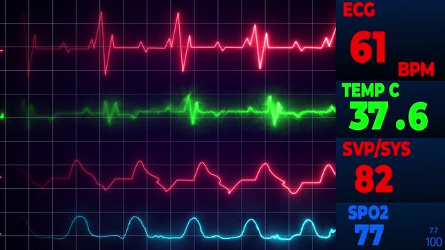 neon emergency heart heartbeat doctor medicine health high treatment hd monitoring line design 4k HD.Patient Vital Signs Monitoring Display Showing Heart Rate, Blood Pressure, and Respiratory Rate