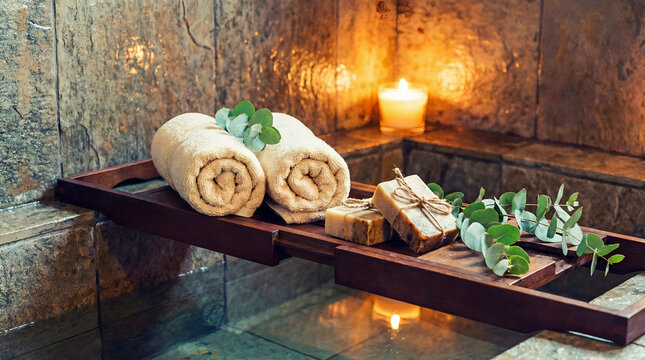 relaxing spa bath scene with rolled towels natural soaps eucalyptus and warm candle glow