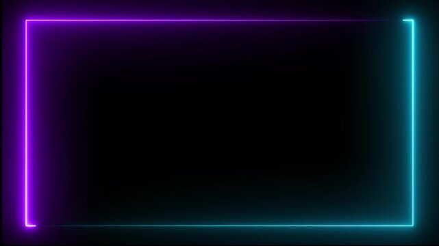Neon rectangle frame icon animation on black background. rectangular frame made of two moving neon lights overlay.