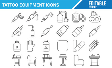 Professional tattoo studio equipment outline vector icon set