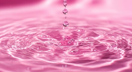 Closeup of a water drop falling into pink water creating ripples