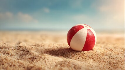 Obraz premium Sunny Beach Day A Vibrant Red and White Beach Ball Glistens with Water Droplets on Golden Sand by the Ocean
