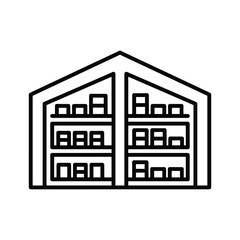 Simple line icon of a warehouse storage rack with shelves and boxes