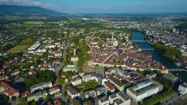 Aerial view of the city and old town Solothurn in Switzerland on a sunny afternoon in summer.