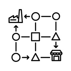 Supply chain flow diagram with factory, store, and process icon