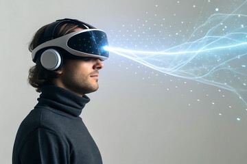 Man wearing virtual reality headset experiencing digital data stream