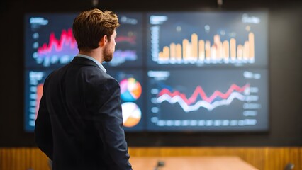 Executive analyzing business data on multiple screens in a modern office environment