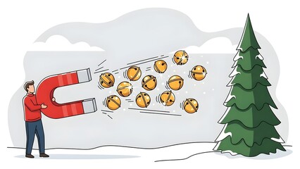 Animated flat style displays magnet attracting golden bells next to tree; vector background for holidays, email marketing, or landing page banner.