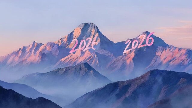Majestic mountain peaks illuminated by the soft glow of sunrise with the numbers 2026 etched onto the slopes.