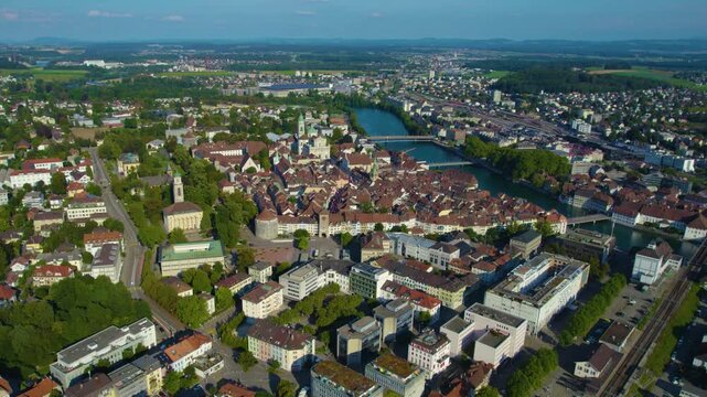Aerial view of the city and old town Solothurn in Switzerland on a sunny afternoon in summer.