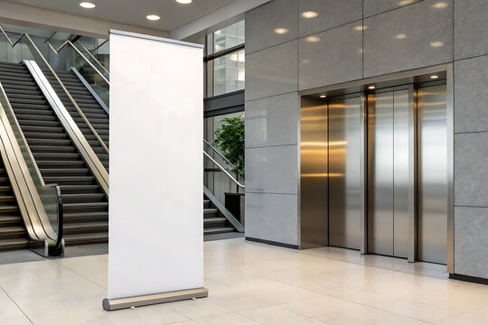 Blank roll up banner stand in modern building lobby with escalators and elevators - Powered by Adobe