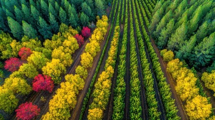 Fototapeta premium Vibrant autumn landscape showcases colorful trees and neatly arranged rows of green foliage