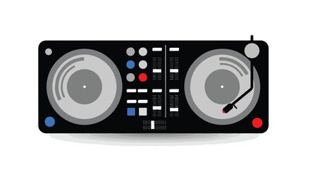 Fototapeta premium Vector illustration of a professional DJ turntable console with two decks and a mixer isolated on a white background