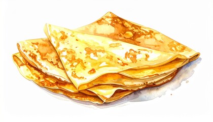 Stack of golden-brown crepes layered on white surface, soft texture with light browning and bubbles.