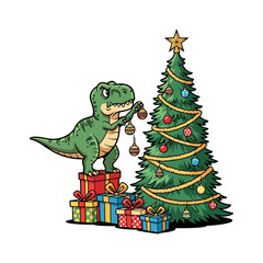 T-Rex Dinosaur Decorating Christmas Tree with Ornaments and Gifts Vector Illustration.