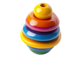 Colorful wooden stacking toy with yellow ball on top against black background