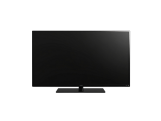 Modern flat screen television displayed on a black stand against a dark background