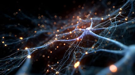 Abstract visualization of a neural network with glowing connections and synapses, representing brain activity and digital learning processes - Powered by Adobe