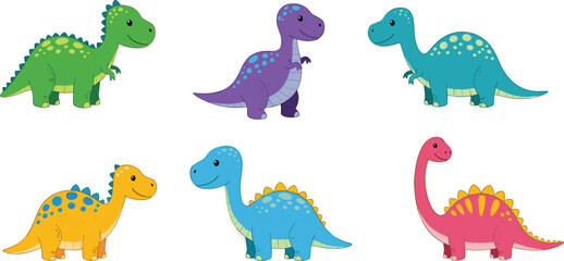 Cute cartoon dinosaurs set vector illustration collection of six colorful prehistoric animals including t-rex and stegosaurus isolated for kids.