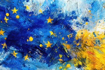 Abstract painting with vibrant blue and yellow brushstrokes and scattered golden stars