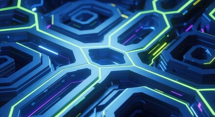 Abstract blue and green futuristic technology structure with neon lights