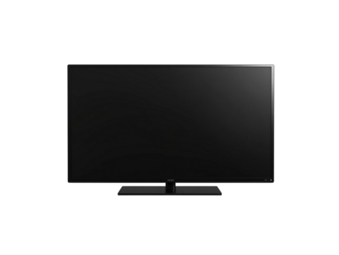 Modern flat screen television displayed on a black stand against a dark background