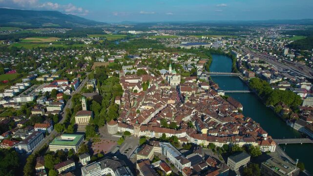 Aerial view of the city and old town Solothurn in Switzerland on a sunny afternoon in summer.