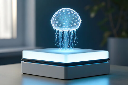 Futuristic glowing jellyfish hologram floating above a sleek modern device