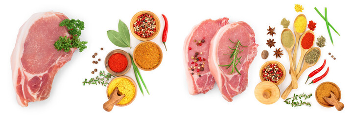 sliced raw pork meat with parsley isolated on white background. Top view. Flat lay