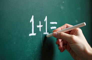 Hand writes with chalk simple math task on green blackboard. Concept of learning, education and science. Math equation summing one plus one. Easy math calculation for kids education.