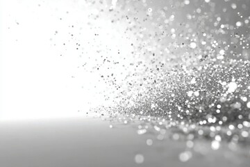 Fototapeta premium Sparkling silver glitter particles scattered across a reflective surface with bright white light