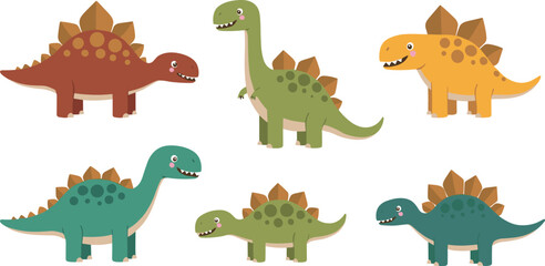 Cute cartoon stegosaurus dinosaur set vector illustration collection of six colorful prehistoric animals with spiky backs isolated for kids. © Moksedul Creative