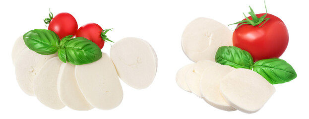 Obraz premium Mozzarella cheese sliced with basil leaf and tomato isolated on white background . Top view. Flat lay