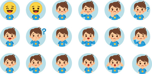 Cute cartoon boy avatar set vector illustration collection showing different facial emotions and hand gestures inside round blue icons.